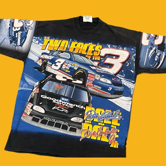 90s Vintage Dale Earnhardt Sr and Jr NASCAR all over print t-shirt made in USA - Picture 1 of 6